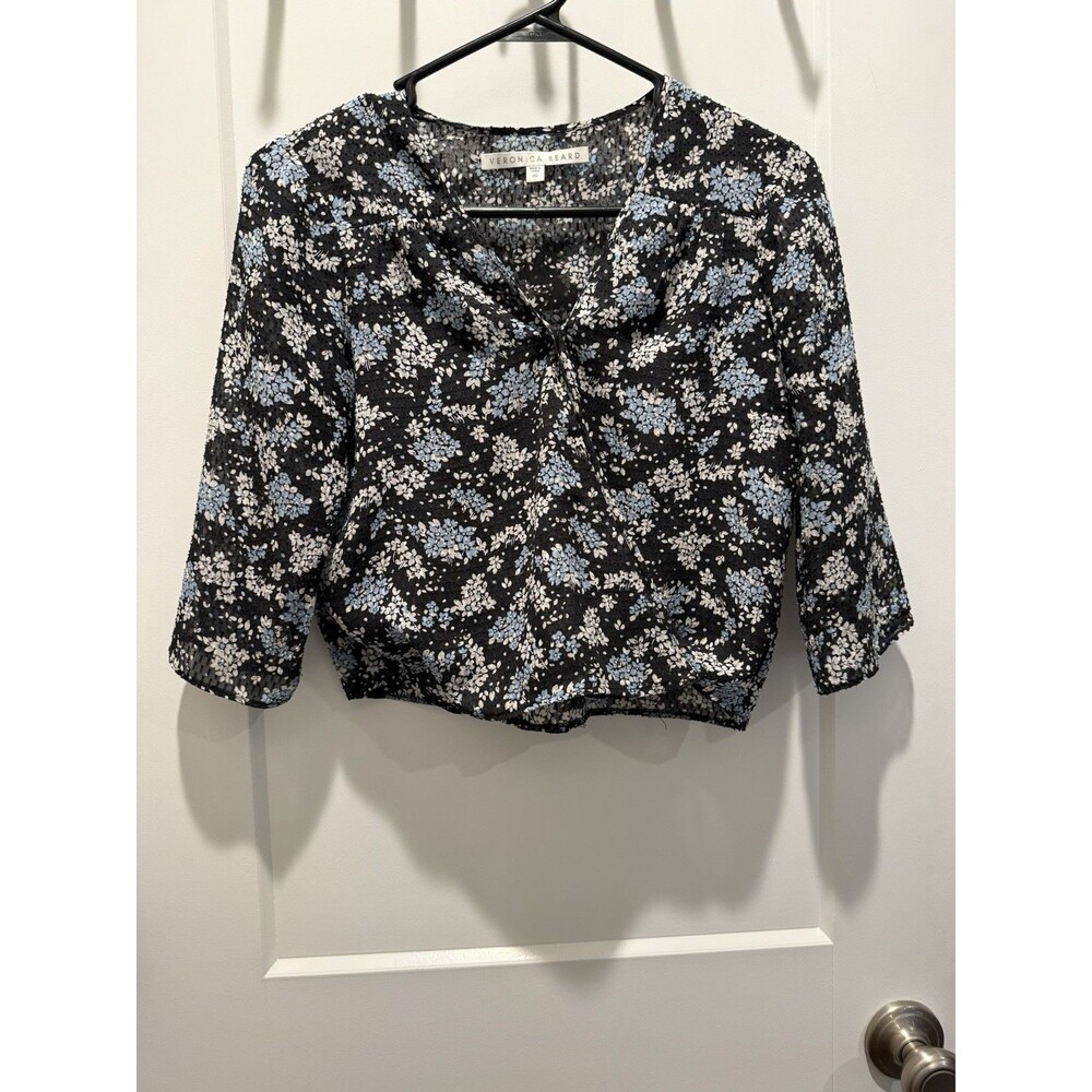 Veronica Beard Size 00 Floral Wrap Crop Top Black Blue 3/4 Sleeve Blouse
